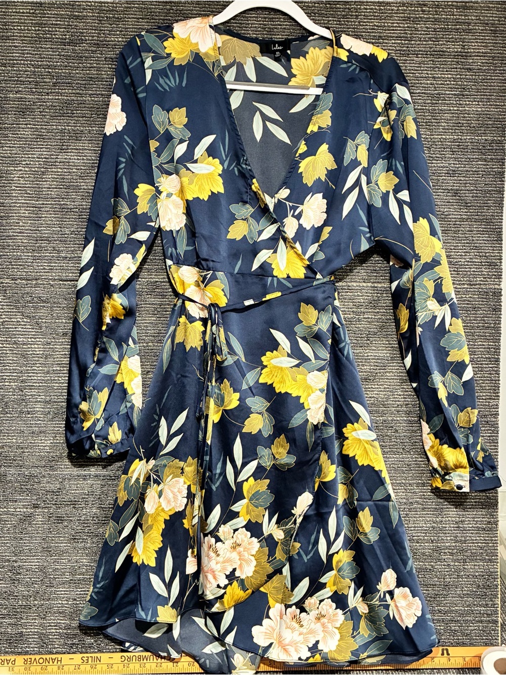 Lulus Navy Floral Long Sleeve Wrap Dress with Yellow Blooms
